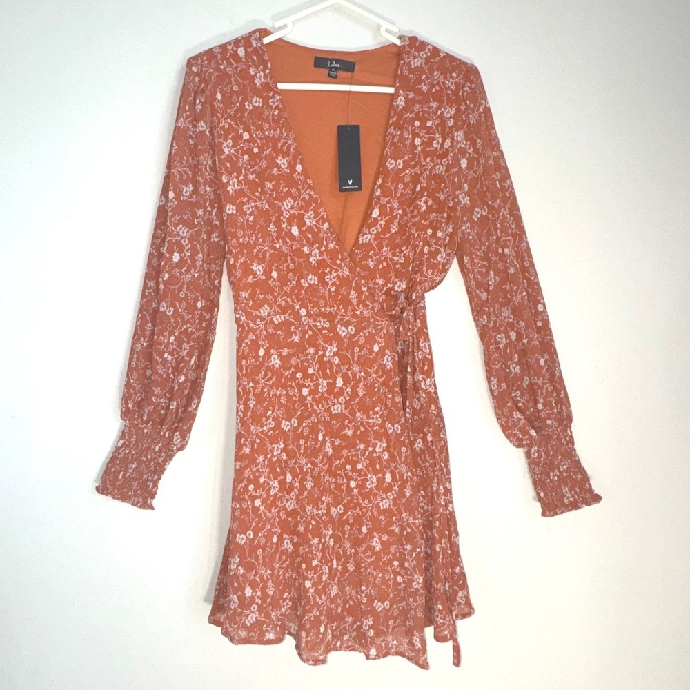 Lulus Rust Orange Floral Wrap Mini Dress XL Long Sleeve Smocked Cuff ND32052 NEW